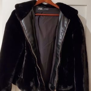 ,Zara black faux fur hooded cropped jacket